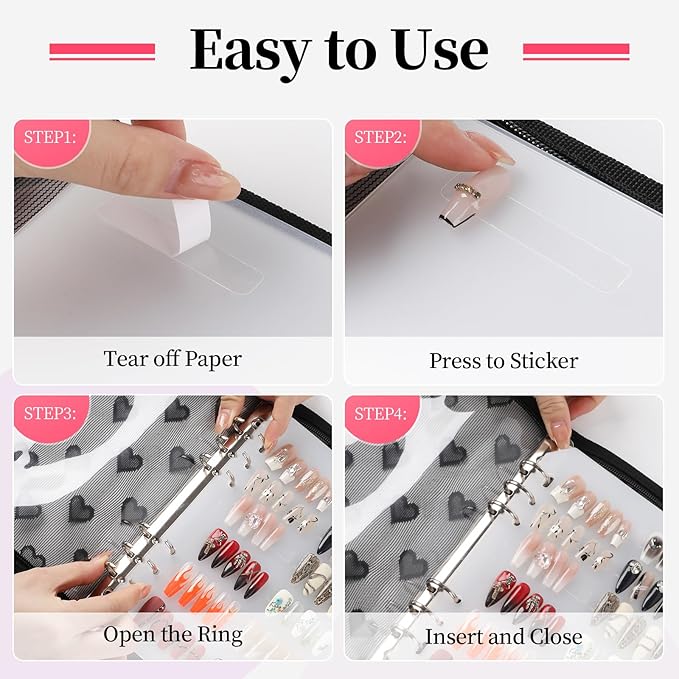Press On Nail Storage Organizer Binder with 8 Insert Pages - A5 Size & Double Sized Tapes, Press on Nails Display Storage Book, Reusable Fake Nail Swatch Collecting Book (Black)