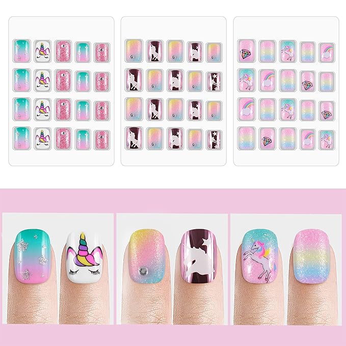 Laza 60pcs Children Nails Press On Pre-glue Full Cover Glitter Diamond Star Rainbow Clouds Short False Nail Kits for Kids Teenager Girls - Pink Green Unicorn