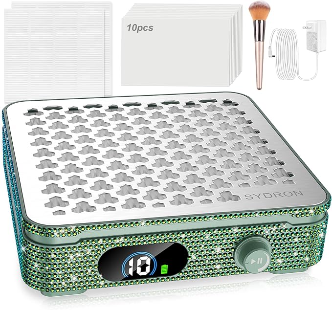 Nail Dust Collector | 1000PA Gel Nail Dust Collector | 10 Speed Levels | Low Noise & Strong Suction | Reusable Filter, 10 Pads + Nail Dust Brush | for Acrylic Nails, Salon & Home - Dark Green Diamond