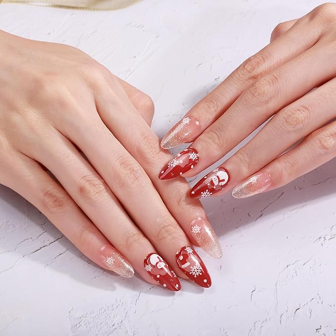 20pcs Christmas Semi Cured Gel Nail Strips - Salon-Grade DIY Wraps with Glaze Texture, Easy Application, UV Light Required for Festive Nails(Red Gold Christmas Snowman Glitter Nails)