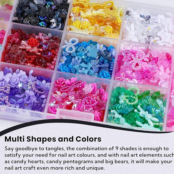 3D Nail Charms Set 9 Colors Flower Butterfly Bow Rabbit Nail Gems Big Bear and Heart Nail Jewels Pearls for Nail Art, Craft and Decoration with Tweezer and Brush