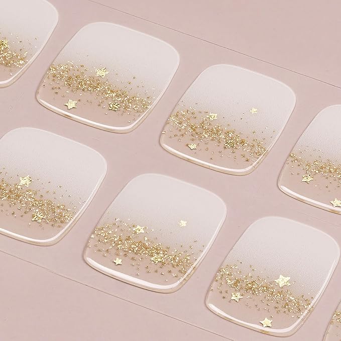 DANNI & TONI Semi Cured Gel Toenail Strips White Ombre (Celestial Sparkle) Gold Sparkles Gel Toenail Stickers Glazed Pedi Wraps 37 Stickers