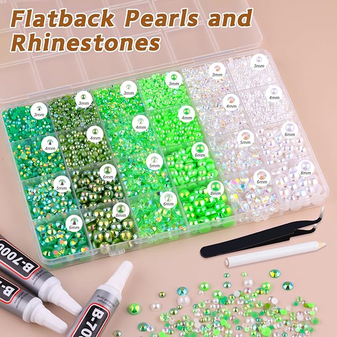 14000PCS Flatback Pearls and Green Rhinestones for Bedazzling, Green 3-10mm Resin Rhinestones and Half Pearls for Crafting, Nail Art Crafts Decor with 3pcs B7000 Jewelry Glue