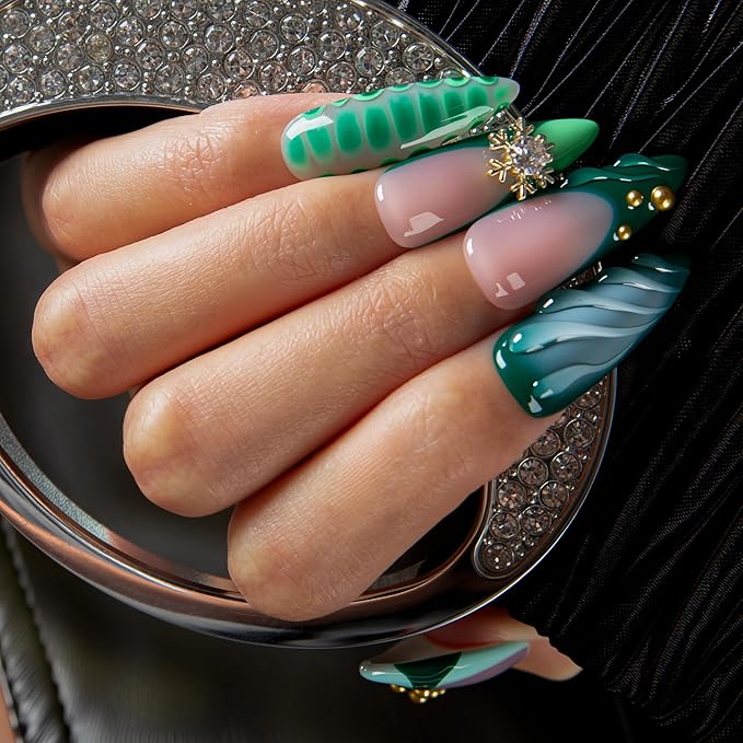 LOVFUL Short French Tip Press on Nails Forest Jewel | Handmade Acrylic Press ons| Reusable Fake False Nails | Stiletto Classic Regular 1.3in | H698-S