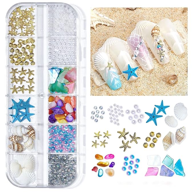 2 Boxes Summer Beach Nail Art Rhinestones Accessories Ocean Theme Shell Starfish Conch Nail Studs Sea Series Nail Art Rivets Charms Supplies for Nail Art Designs DIY Manicure Decoration（5-6）