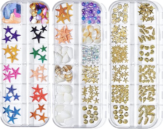 3 Boxes Summer Beach Nail Art Rhinestones, 3D Ocean Nail Charms Starfish Conch Sea Series Nail Art Designs Accessories Nail Art Rivets Manicure DIY Seashell Nail Decorations for Women Girls