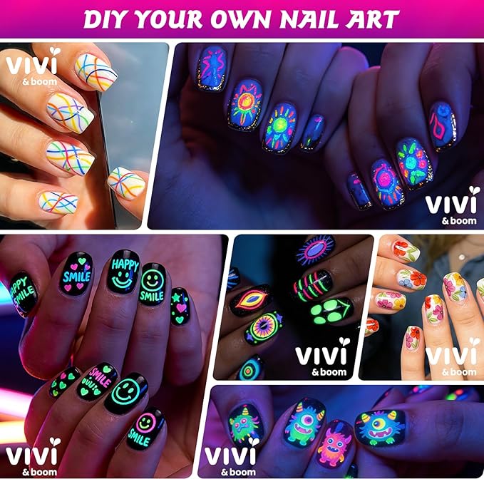 Fluorescent Nail Art Pens, 12 Color 0.5 MM Glow In The Dark Neon Nail Polish Pens Set Drawing Point Painting Liner Painted Pen Kit, Waterproof Nail for DIY Design Manicure Tools