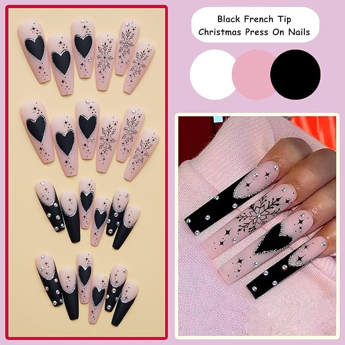 24pcs Black Long Square French Tips Press On Nails with Snowflakes, hearts and stars for Themed Costumes, Reusable Nail Kit with Nail Adhesive Tabs Mini Nail File, 12 Sizes (Black)