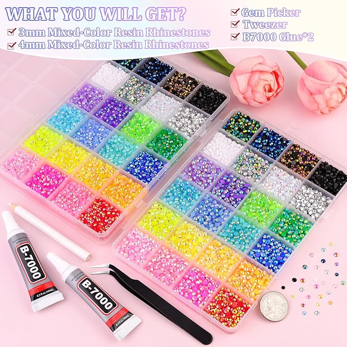 2 Boxes 3mm+4mm Jelly Rhinestones for Bedazzling, 25000Pcs Multicolor Flatback Resin Gems for Crafting, Bedazzler Kit with 2Pcs 10ml B7000 Jewelry Glue for DIY Crafts Book Fabric Decor Nail Art