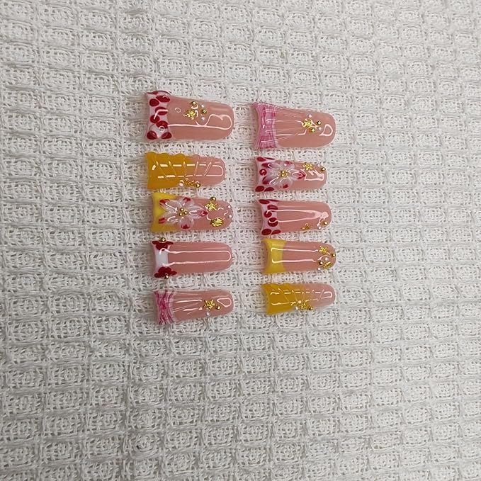 Handmade Nails Duckbill Shape Sweet Delicate Style Peach Pink Base Gold Accents 3D Floral Gradient Pattern Pearl & Star Decor Glossy Surface Manicure Wear Press on Nails 10 pcs (S)