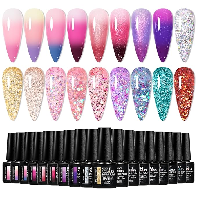 MEET ACROSS Color Changing Rubber Base Builder Gel Polish Nude Pink Purple Mood Temperature Change Nail Polish + Jelly Glitter Gel Nail Polish, Base Color Gel Polish Set 18pcs*7ml