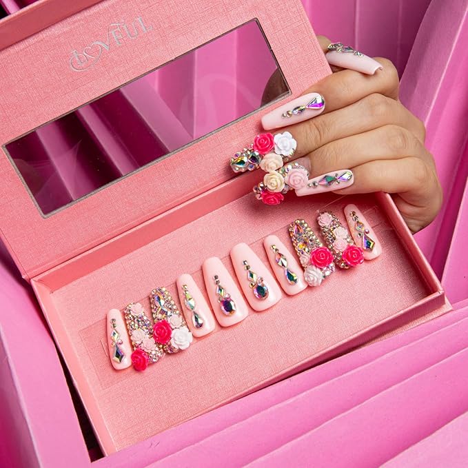 LOVFUL Press on Nails Rose Garden | Handmade with Full Covered Crystals | Reusable Full Cover Nails | Coffin Classic Regular 1.3 in | H107-S