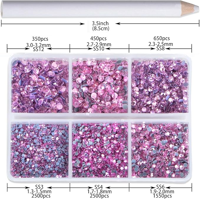 8000pcs Hotfix Rhinestones Flatback,Rhinestones for Crafts Clothes Mixed 6 Sizes, Hotfix Crystals with Wax Pencil Kit, SS3-SS12,Lt. Rose