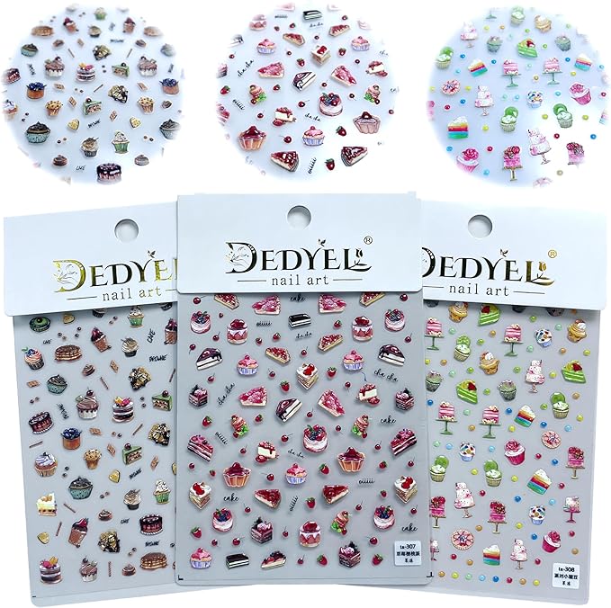 Dedyel Food Nail Art Stickers 3D Cake Dessert Donut Ice Cream Cookies Fruit Bread Self-Adhesive Nail Stickers for Women Girls Kids
