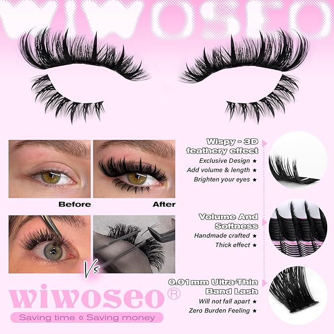 wiwoseo Bottom Lash Clusters with spikes Lash Clusters Kit Volume Lash Spikes Cluster Eyelash Extensions 200D Eyelash Clusters Fluffy Mink Lashes Clusters with Bond and Seal Lash Glue for Beginners