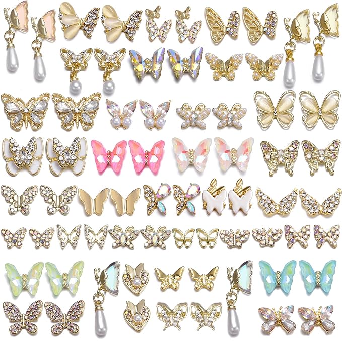 70pcs 3D Gold Butterfly Nail Charms - Luxury Y2K Nail Art Set with Gold Gems and Rhinestones