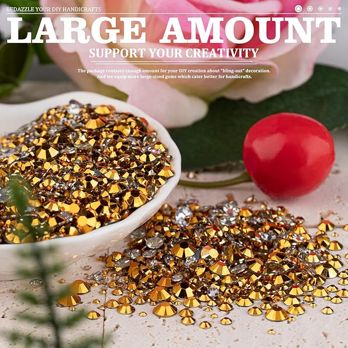 Resin Rhinestones for Crafting, 2/3/4/5/6mm Flatback Jelly Rhinestones, 2 Box Mineral Gold Non Hotfix Crystal Gems for Bedazzling Crafts Mugs Tumblers Clothes Makeup Nail