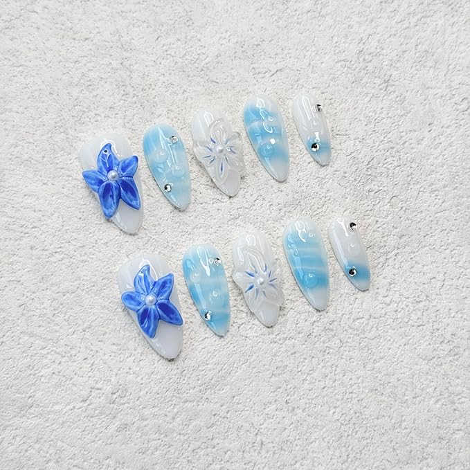 Medium Almond Press on Nails Handmade Nails Thick Fake Nails with Glue,Milky White False Nails with 3D Blue Flower Art Design Rhinestone Acrylic Nature Stick on Nail for Wome (Size S)
