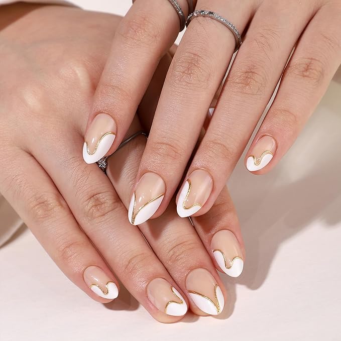 Almond Press On Nails - White French Tip Press On Nails Short with Gold Foil Designs, Glue On Nails 16 Sizes - 32Pcs Reusable Soft Gel False Nails Tips Kit, Stick On Nails for Women