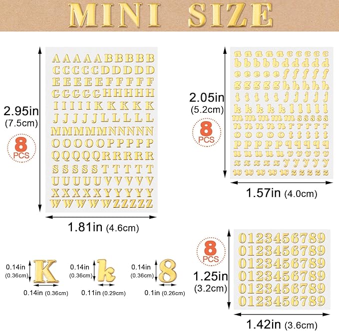 ANCIRS 24 Pack Resin Mini Letter Stickers for Nail Art, Glittering Epoxy Alphabet Number Stickers, Self Adhesive Scrapbook Stickers for Decoration Christmas DIY Craft- Gold