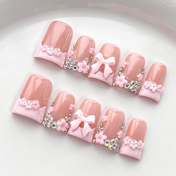 Luxury Press on Nails Short Duck Handmade 3D Unique Reusable ABS Material Fake Nails French Tip False Nails with Designs Bow Rhinestones Flower Pink Glossy Glue on Nail Thick Acrylic Nail(M)