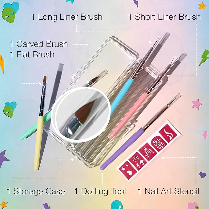 Salon Perfect Nail Art Brushes Set, 5-Piece Nail Art Design Pen Painting Tools with Nail Art Stencils, Includes Liner Brush, Flat, Carved Brushes, Dotting Pen, and Storage Case