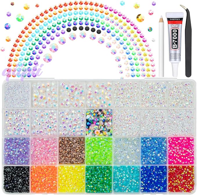 White AB Resin Rhinestones w B7000 Glue for Crafting Bedazzling 2mm-6mm Flatback Colorful Jelly Stones Diamonds Gems Bedazzler Kit for Nails Face Eyes Makeup Tumblers Bottles Shoes DIY Crafts
