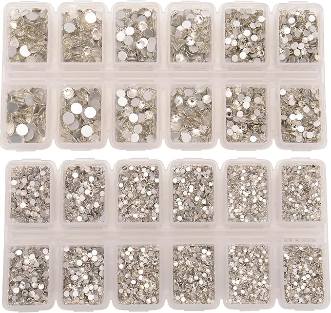 10000 Pieces Rhinestones 6 Sizes Round Crystal Glass Flat Back Rhinestones with 1Tweezers and 1Picking Pen for Nail Art Crafts Clothes Bags DIY (Clear)