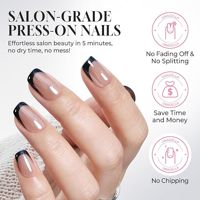 UNA GELLA 32Pcs Soft Gel Press on Nails - 16 Sizes Black Chrome Mirror French Tip Short Square Glue on Nails, Reusable Metallic Black False Nails, Acrylic Nail Kit for Women DIY Home Manicure