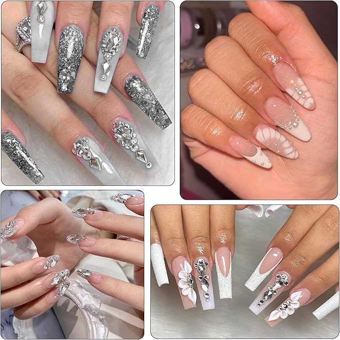 Nail Art Rhinestones - 12 Types of 600 Crystal White Diamonds, 3D Flatback DIY Pearls, Gems, Beads, Flat Back Stones Set, with Kit, for Nail Art Decor