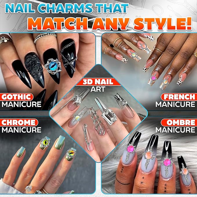 24 Pcs Dragon Eye Charms for Nails – 3D Silver Cross Nail Charms and Gems with Bright Crystals, Easy-to-Apply Art Kit – Stunning Nail Decor for Unique & Creative Manicures