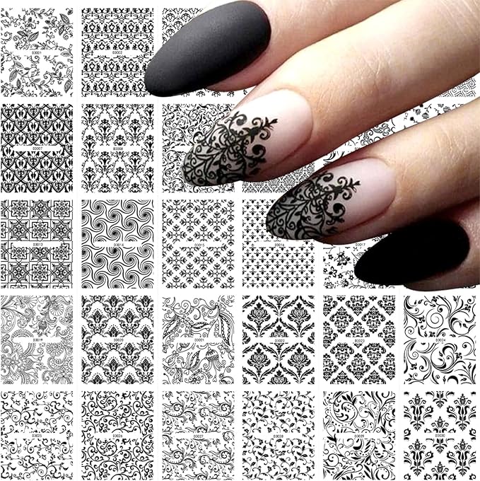30 Sheets Black Nail Art Stickers Decals 3D Self-Adhesive Lace Nail Decals Retro Flower Designs Nail Supplies Summer Nail Decoration DIY Nails Accessories for Women