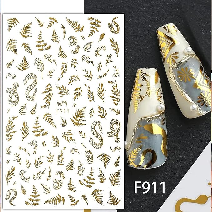 6 Sheet Gold Nail Stickers Black Snake Eyes Leaf Nail Art Stickers 3D Self-Adhesive Bronzing Sun Star Decals Starlight Nail Design Sticker for Acrylic Nail Supplies Women Nail Decorations