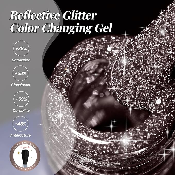 YTD Likomey Color Changing Gel Nail Polish,15ml Reflective Glitter Grey to Black Mood Temperature Change Colors Thermal Ombre Fall Winter Flash Sparkle UV Nail Varnish,HEMA Free TPO Free,WB509