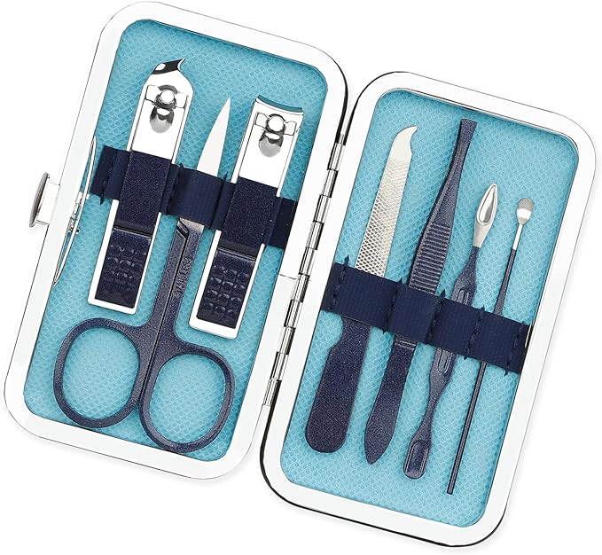 Nail Clippers Manicure Set Easter Basket Stuffers Nail Tools Pedicure Supplies Fingernail Clippers for Men Manicure Kit Toenail Clipper 8 in 1 Pednicure Tools Blue with Leather Travel Case