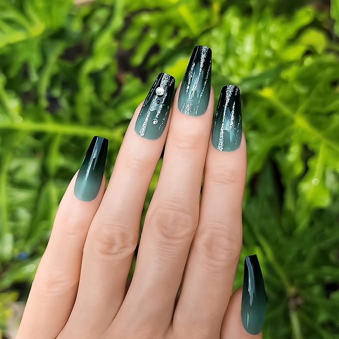 Hypnaughty 24 Pcs LUXE Black and Green Ombre Luxury Rhinestone Coffin Press on Nails with Glitter Design and Glue Long Fake Nails Black and Green Ombre Nails with Glitter and Rhinestones (LUXE)