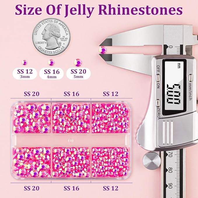 Resin Jelly Rhinestones for Crafting with B7000 Jewelry Glue, 1 Box Hot Pink AB Flatback Crystals with 2Pcs 10ml Glue, Bedazzling Non Hotfix Gems for DIY Tumblers Clothing Shoes Manicure