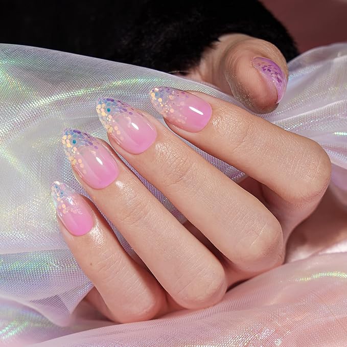 VSALON Press-On Nails Short Almond - Purple Ombre Blue Sparkle Glitter Semi-Transparent Mermaid Design, Reusable Opaque Soft Gel Fake Nails with Glue & Cuticle Oil 32 PCS in 16 Sizes Gifts for Women