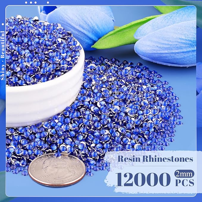 12000PCS 2mm Resin Rhinestones Bulk for Crafting (Royal Blue), Flatback Bedazzling Crystals for Crafts DIY Nail Decoration, Gems Charms for Tumbler Shoes Clothing Fabric with Pickup Pen and Tweezers