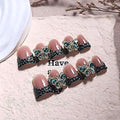 10Pcs Handmade Press on Nails Medium Duck Fake Nails French Tip Green False Nails Luxury Butterfly Rhinestone Full Cover Glue on Nail Sparkly Reusable Stick on Nail for Women (Size M)