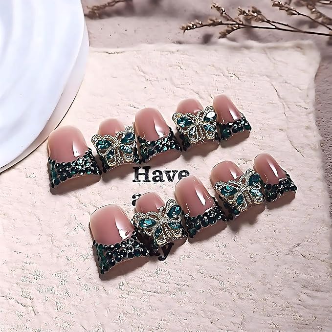 10Pcs Handmade Press on Nails Medium Duck Fake Nails French Tip Green False Nails Luxury Butterfly Rhinestone Full Cover Glue on Nail Sparkly Reusable Stick on Nail for Women (Size M)