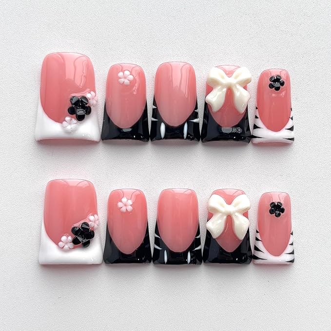 French Tip Press on Nails Handmade Short Duck 3D Thick Acrylic Nails Elegant False Nails with Flower Bow Designs Black&White Glossy Fake Nail White Sturdy Art Press on Nail 10Pcs(M)