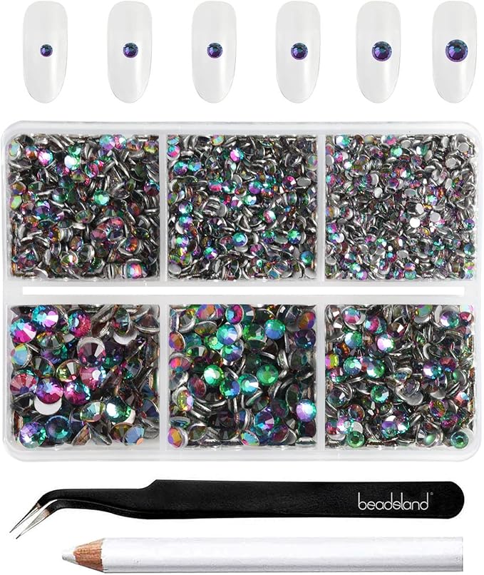 Beadsland 4300pcs Flatback Rhinestones,Green Rhinestones Nail Gems Round Crystal Rhinestones for Crafts,Mixed 6 Sizes with Picking Tweezers and Wax Pencil Kit, SS6-SS20,Green Volcano