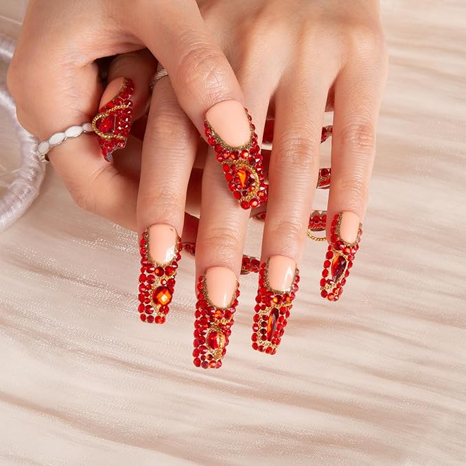 LOVFUL Press on Nails Flamingo | Handmade with Full Covered Crystals | Reusable Full Cover Nails | Coffin Classic Regular 1.3 in | H37-S