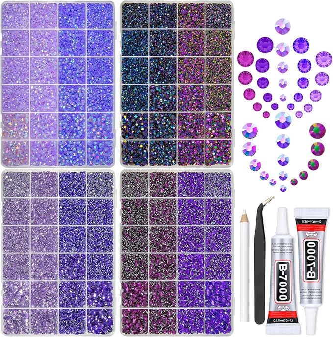 8 Color 2-6mm Purple Jelly Resin Rhinestones w B7000 Jewelry Glue for Bedazzling Crafting Flatback Stones Gems Diamonds for Nails Face Eyes Makeup Tumblers Bottles Crafts Clothes Shoes Phones