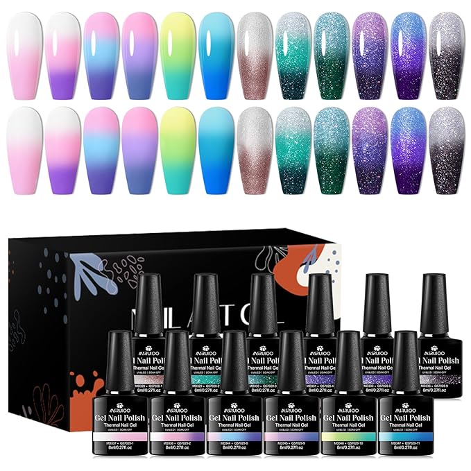 Color Changing Gel Nail Polish Set 12 Colors Temperature Mood Changed Glitter Pink Purple Soak Off UV/LED Nail Art Design Kit Manicure Gifts for Women Girls 8ml