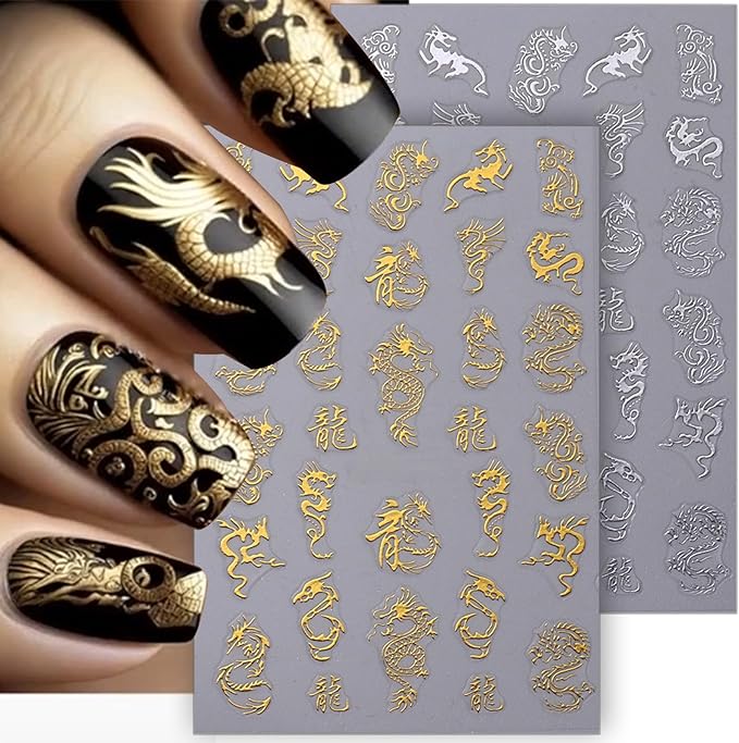 3D Gold Silver Dragon Nail Art Stickers for Designs - Bronzing Metallic Decals - Chinese Dragons Nail Supplies