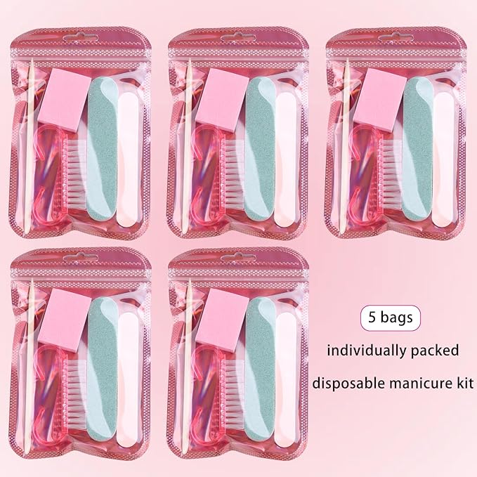 Disposable Manicure Kit Basics 5PCS Nail Kit, Mini Nail Files Buffers Bulk Handle Grip Brush Orange Wood Stick Individually-Packed Pedicure Set for Fingernails Toenails Salon Supplies 5 Packs