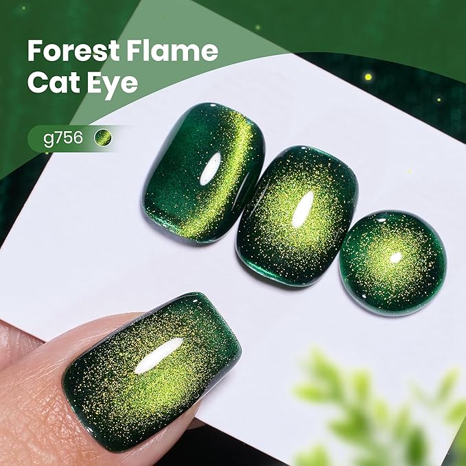 Beetles Forest Flame Green Cat Eye Gel Nail Polish - 15ML Green Cat Eye Gel Polish Glitter Magnetic Translucent Glassy Effect Soak Off UV French Nail Art DIY Manicure Stpatrick Gifts for Women