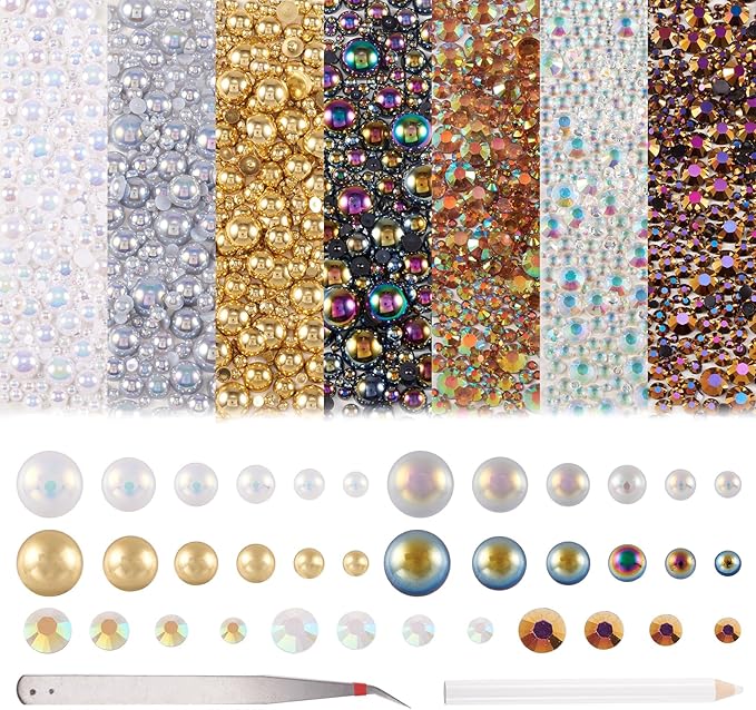 3600Pcs Flatback Resin Pearls Rhinestones, Mermaid Nail Gems AB Color Faux Pearl Beads Rhinestone Cabochons with Pickers Pen Tweezers for Nail Art Makeup